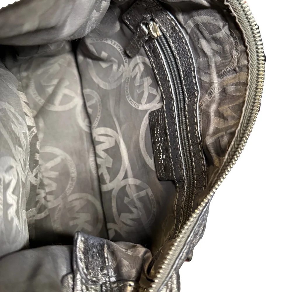 Michael Kors Leather Silver Metallic Shoulder Bag with MK Charm